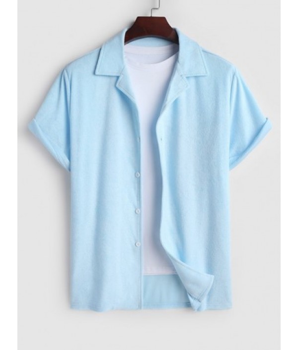 Men's Solid Color Lapel Collar Terry Cloth Button Front Short Sleeves Shirt And Terry Cloth Drawstring Casual Shorts Set