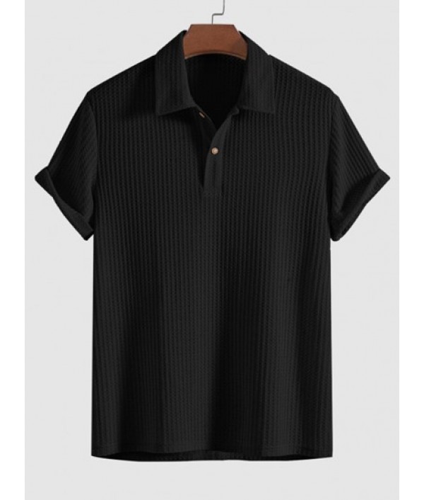 Men's Plain Color Tartan Jacquard Weave Textured Polo Collar Short Sleeves T-shirt And Plaid Pattern Zip Fly Casual Pants Two Pieces Set