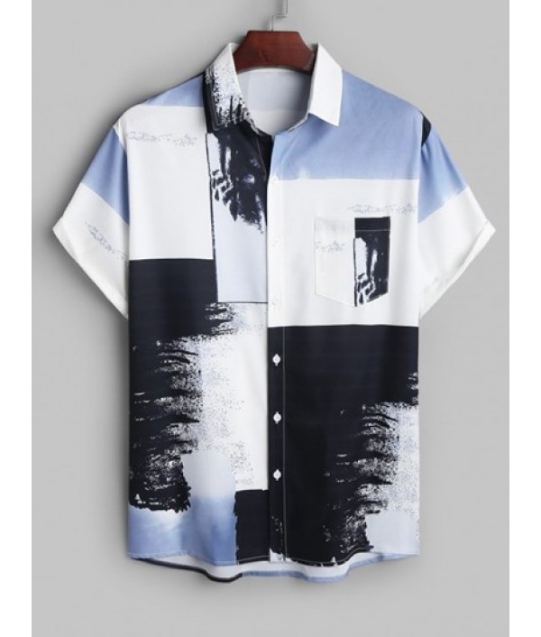 Men's Casual Colorblock Painting Print Button Up Short Sleeves Summer Vacation Shirt And Beach Drawstring Pockets Board Shorts Set Men's Casual Colorblock Painting Print Button Up Short Sleeves Summer Vacation Shirt And Beach Drawstring Pockets Board Shorts Set
