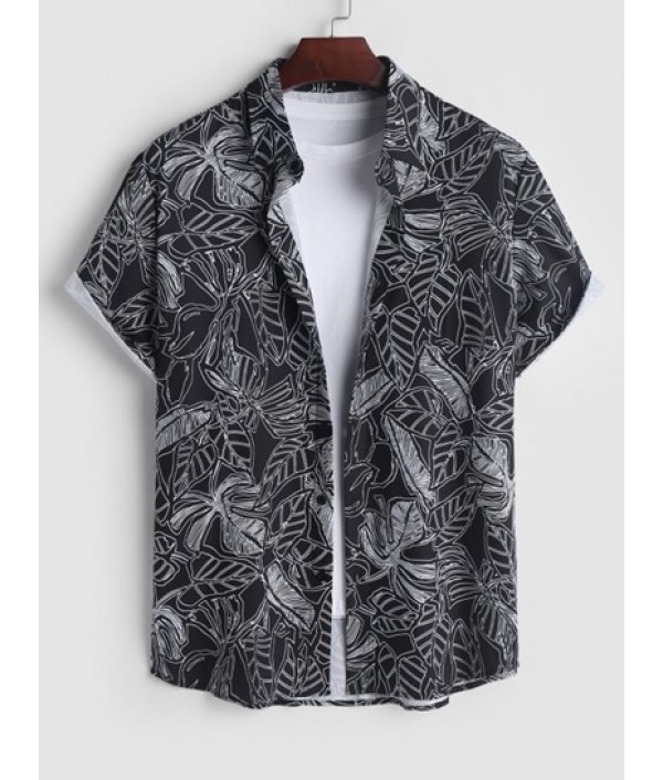 Men's Two Piece Summer Vacation Beach Leave Print Button Up Short Sleeves Shirt And Drawstring Pockets Bermuda Shorts Set Men's Two Piece Summer Vacation Beach Leave Print Button Up Short Sleeves Shirt And Drawstring Pockets Bermuda Shorts Set