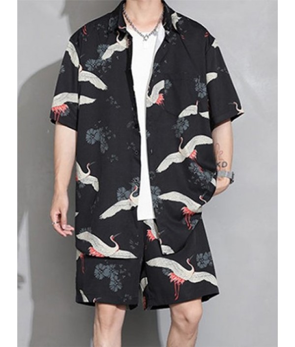 Men's Beach Vacation Matching Co Ord Chinese Style Crane Floral Print Short Sleeve Button Up Shirt And Drawstring Pockets Shorts Two Piece Set