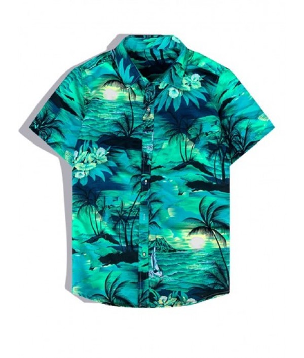 Men's Hawaiian Coconut Trees Sun Printed Button Front Short Sleeves Shirt And Drawstring Shorts Vacation Beach Set
