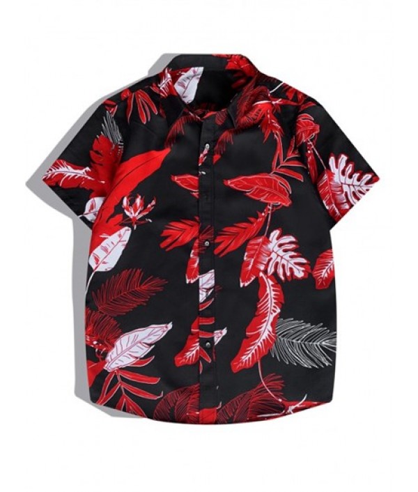 Men's Tropical Leaves Printed Button Front Short Sleeves Shirt And Drawstring Pockets Beach Shorts Hawaiian Vacation Set