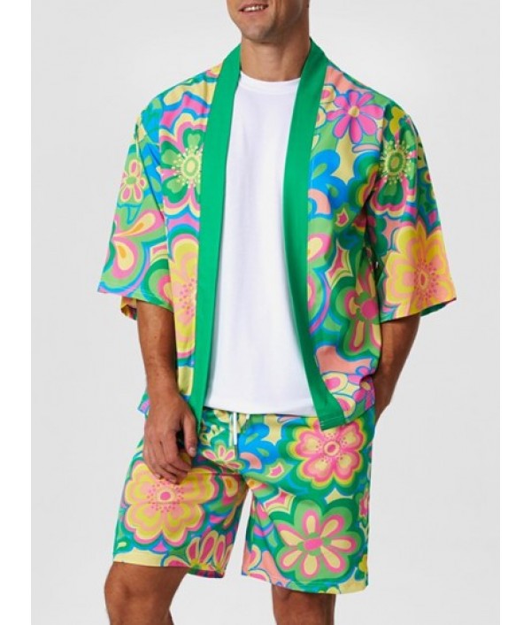 Colorful Floral Pattern Open Front Kimono With Vacation Beach Shorts Set Colorful Floral Pattern Open Front Kimono With Vacation Beach Shorts Set