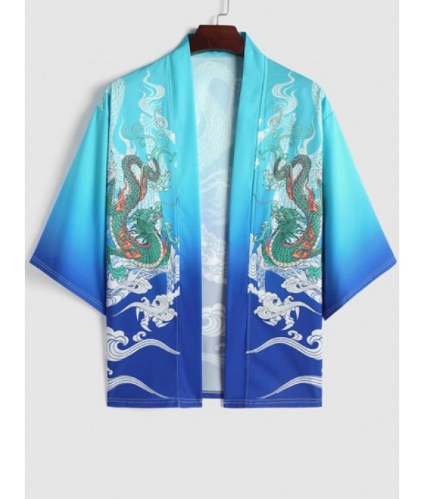 Men's Vacation Beach Co Ord Chinese Style Dragon Cloud Pattern Open Front Kimono With Drawstring Board Shorts Set