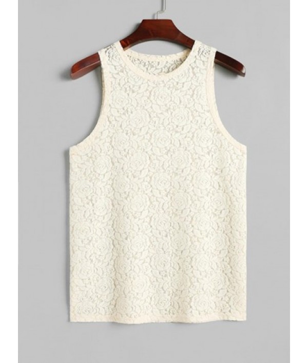 Men's Two Piece See Through Sheer Rose Lace Club Party Tank Top Sleeveless T Shirt And Geometric Retro Jacquard Drawstring Shorts Set