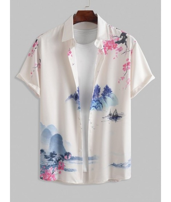 Landscape Painting Oriental Short Sleeves Shirt With Basic Casual Shorts Set Landscape Painting Oriental Short Sleeves Shirt With Basic Casual Shorts Set
