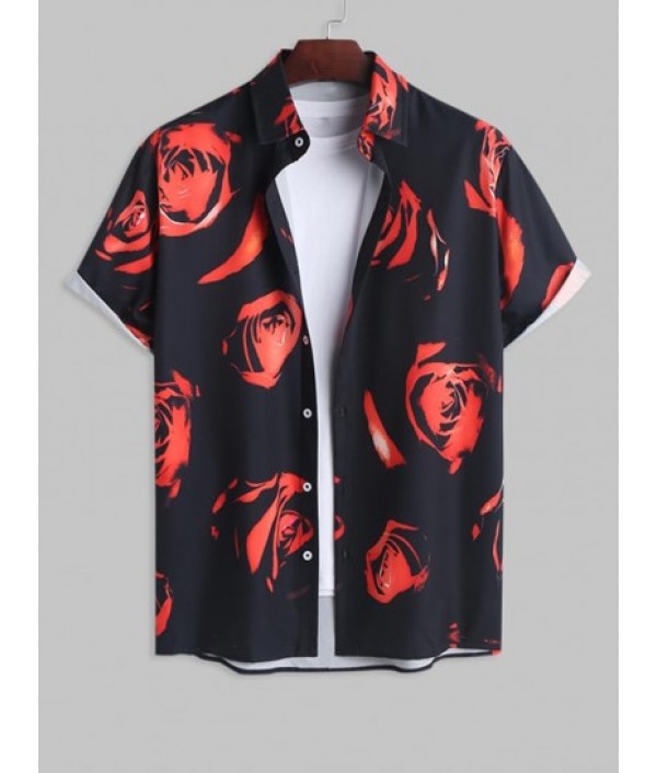 Men's Casual Summer Vacation Floral Rose Print Button Up Short Sleeves Shirt And Basic Casual Shorts Set Men's Casual Summer Vacation Floral Rose Print Button Up Short Sleeves Shirt And Basic Casual Shorts Set