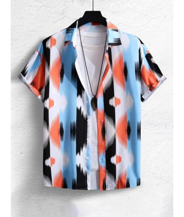 Men's Casual Beach Vacation Short Sleeves Abstract Print Colorblock Shirt And Basic Shorts Set Men's Casual Beach Vacation Short Sleeves Abstract Print Colorblock Shirt And Basic Shorts Set