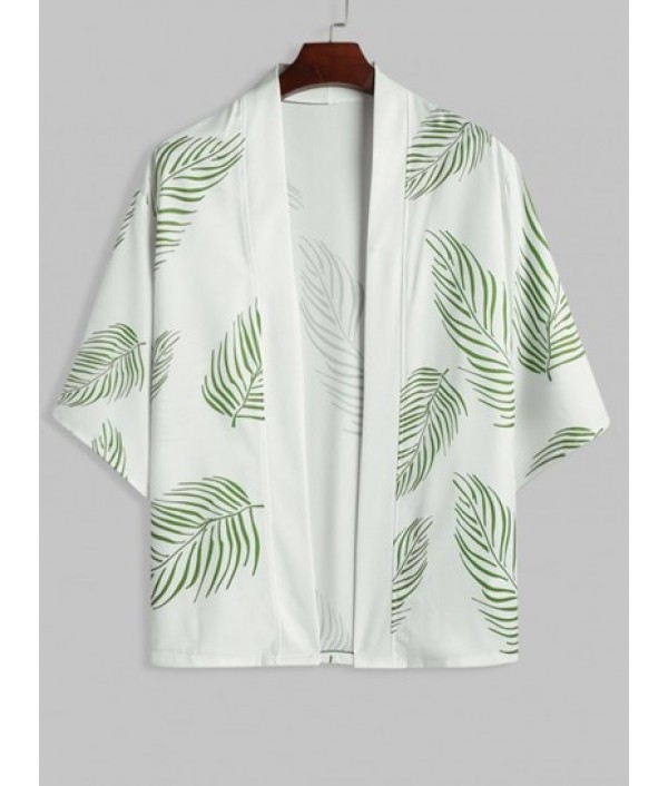 Tropical Palm Leaves Print Beach Kimono And Pocket Drawstring Beach Shorts Two Pieces Set