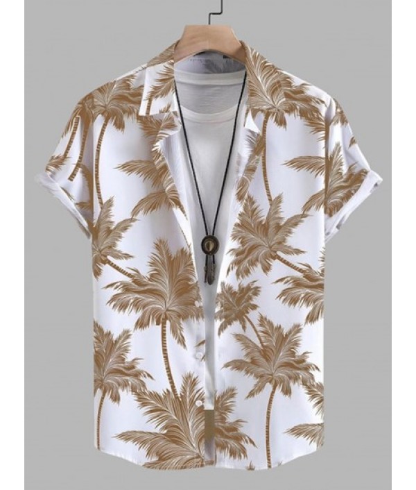 Men's Tropical Coconut Tree Print Hawaiian Summer Casual Beach Vacation Button Short Sleeve Shirt And Coconut Trees Pattern Drawstring Board Shorts Set