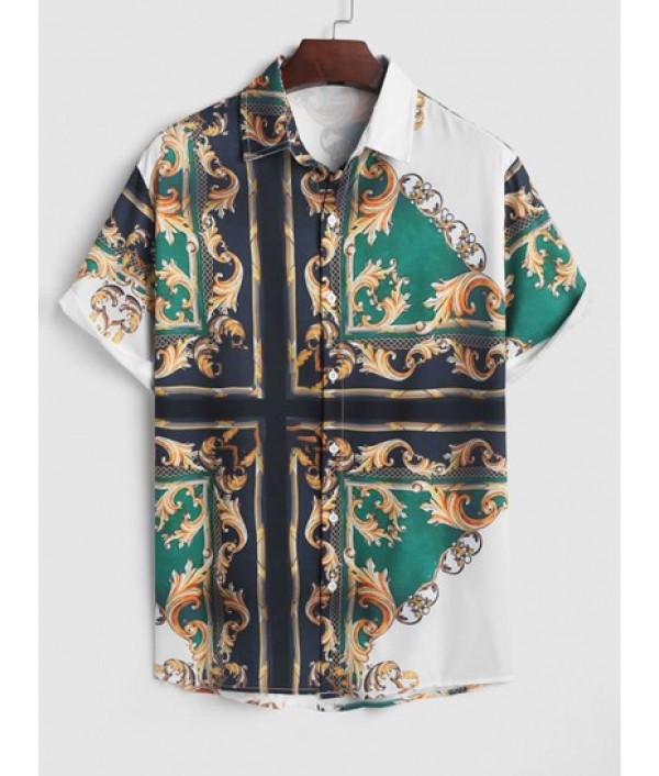 Men's Ethnic Style Printed Button Up Short Sleeves Summer Vacation Shirt And Beach Drawstring Pockets Board Shorts Set