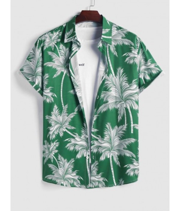 Coconut Tree Print Short Sleeve Hawaiian Shirt With Drawstring Hem Cargo Pants Set