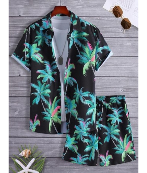 Men's Beach Vacation Hawaii Two Piece Set Allover Coconut Tree Print Button Up Shirt With Drawstring Bermuda Shorts Set Men's Beach Vacation Hawaii Two Piece Set Allover Coconut Tree Print Button Up Shirt With Drawstring Bermuda Shorts Set