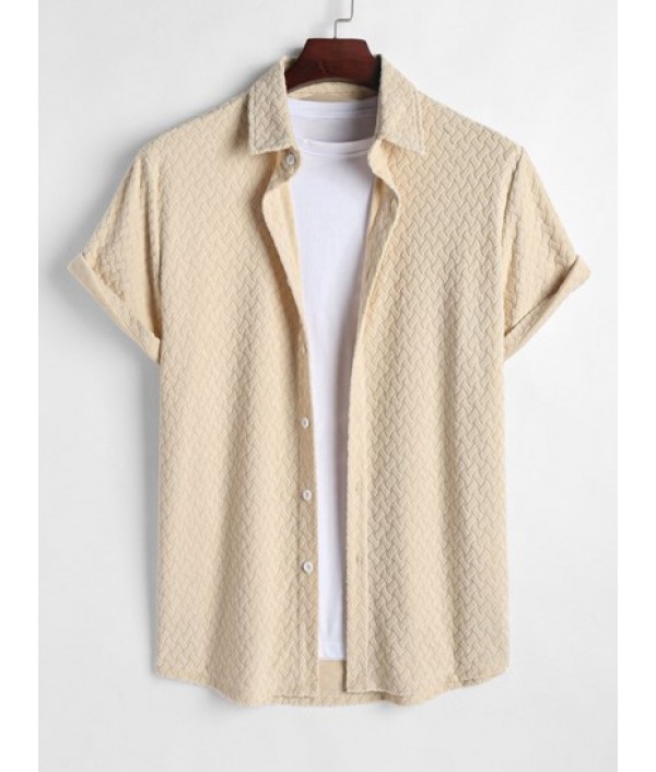 Men's Geometric Jacquard Terry Cloth Short Sleeves Casual Summer Shirt And Basic Linen Pants Set