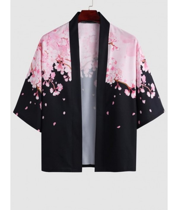 Sakura Pattern Open Front Kimono And Floral Print Pocket Beach Shorts Set