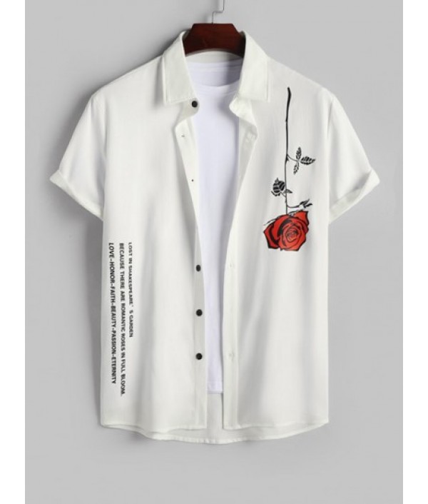 Men's Streetwear Slogan Rose Pattern Short Sleeves Shirt And Floral Pattern Drawstring Casual Shorts Set