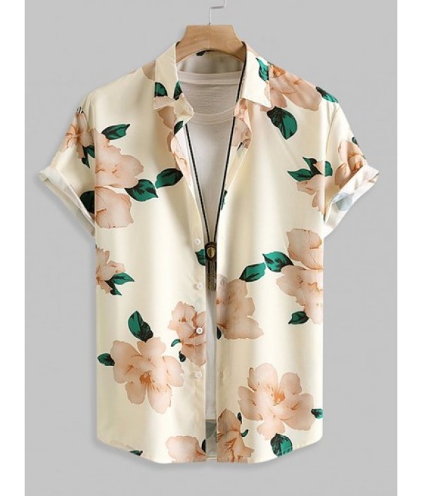 Floral Pattern Short Sleeves Vacation Shirt With Basic Casual Shorts Set Floral Pattern Short Sleeves Vacation Shirt With Basic Casual Shorts Set