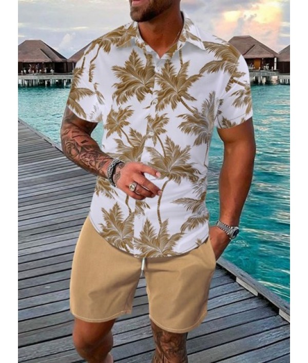 Tropical Coconut Tree Print Short Sleeve Hawaiian Shirt And Casual Shorts Two Pieces Set Tropical Coconut Tree Print Short Sleeve Hawaiian Shirt And Casual Shorts Two Pieces Set
