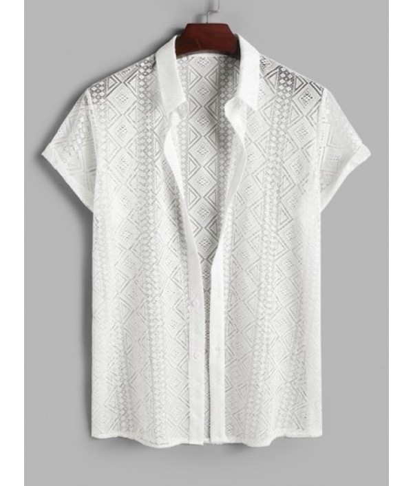 Geometric Pattern Sheer Openwork Shorts And Shirt Two Piece Set