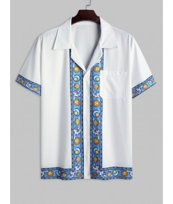 Men's Sun And Moon Galaxy Print Colorblock Lapel Collar Short Sleeves Summer Beach Vacation Shirt And Drawstring Shorts Set