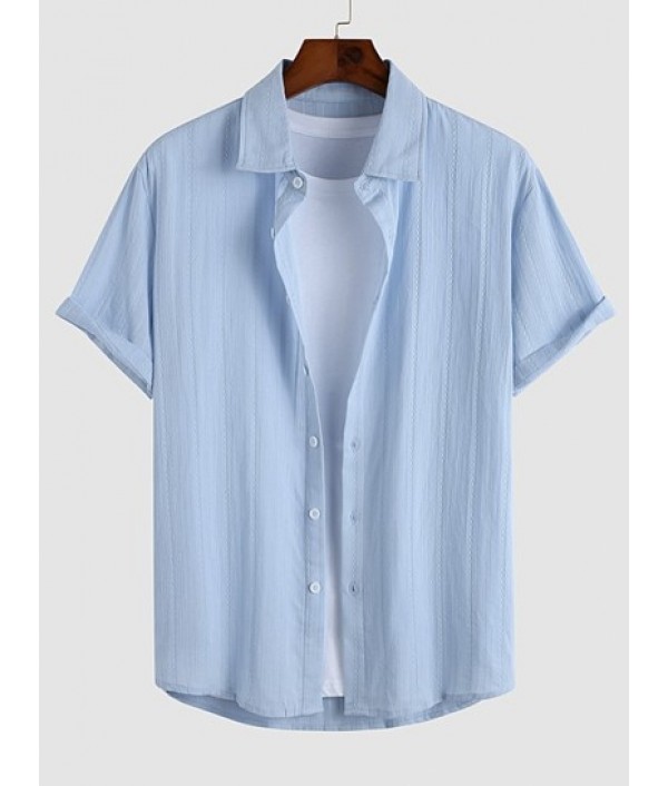 Men's Cotton And Linen Textured Jacquard Short Sleeves Shirt And Basic Casual Shorts Set