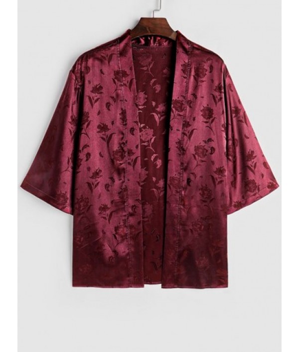 Men's Two Piece Outfits Silky Satin Rose Printed Open Front Kimono Shirt And Casual Shorts Set