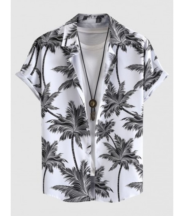 Men's Tropical Print Hawaiian Summer Beach Vacation Set Plant Coconut Tree Short Sleeve Button Shirt And Solid Label Design Drawstring Shorts