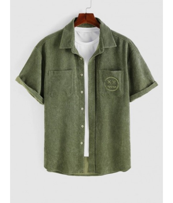Smile Face Embroidered Pocket Corduroy Shirt And Drawstring Ankle Cargo Pants Set