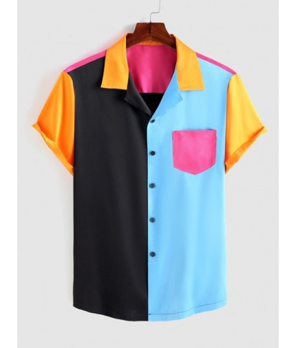 Colorblock Satin Pocket Shirt And Flap Pocket Drawstring Cargo Pants Set