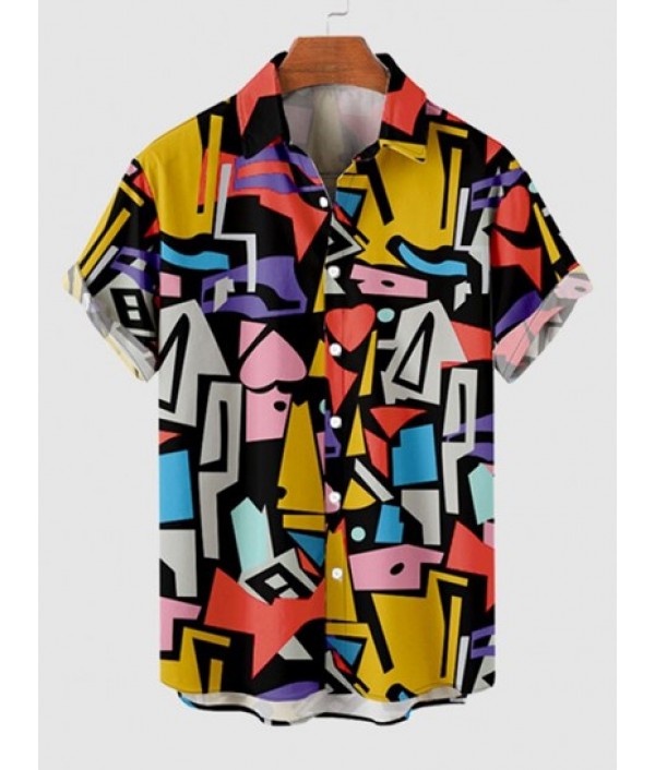Colorful Geometric Printed Button Up Shirt And Basic Casual Shorts Set Colorful Geometric Printed Button Up Shirt And Basic Casual Shorts Set