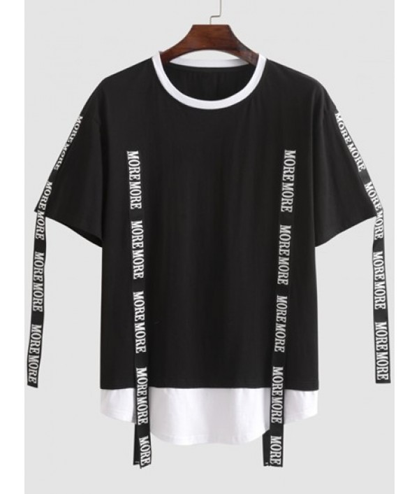 Cotton Short Sleeves MORE MORE Letter Tape Colorblock Tee And Cargo Shorts Set