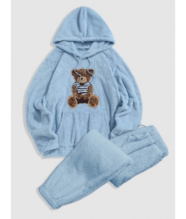 Bear Pattern Pullover Fluffy Teddy Hoodie And Beam Feet Pants Faux Fur Set Bear Pattern Pullover Fluffy Teddy Hoodie And Beam Feet Pants Faux Fur Set