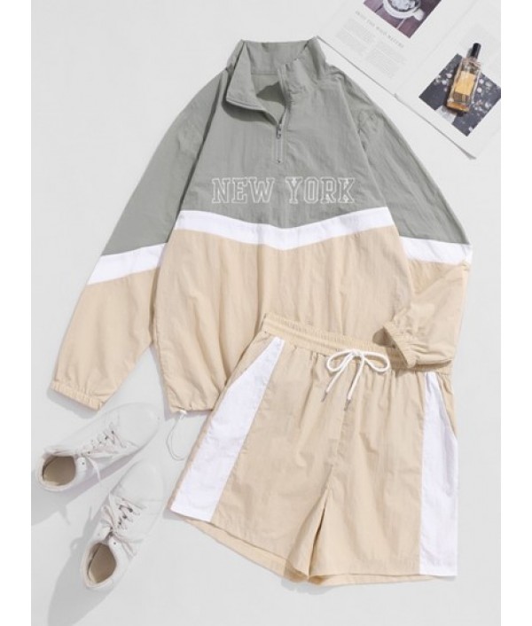New York Embroidered Colorblock Pullover Windbreaker And Shorts Set New York Embroidered Colorblock Pullover Windbreaker And Shorts Set