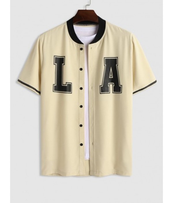 LA Print Stand Collar Short Sleeve Shirt With Drawstring Pocket Shorts Set LA Print Stand Collar Short Sleeve Shirt With Drawstring Pocket Shorts Set