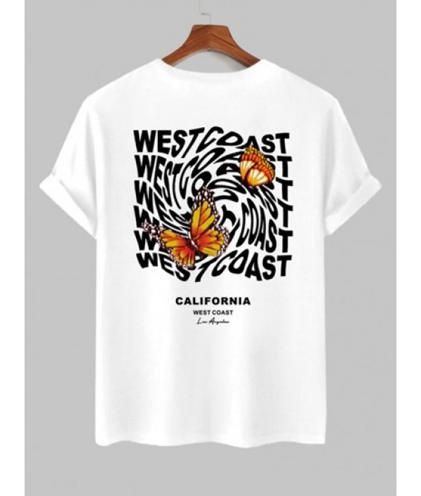 Men's Casual WEST COAST Butterfly Pattern Short Sleeves T-shirt And Athleisure Style Letter CALIFORNIA Graphic Printed Drawstring Pockets Shorts Set Men's Casual WEST COAST Butterfly Pattern Short Sleeves T-shirt And Athleisure Style Letter CALIFORNIA Graphic Printed Drawstring Pockets Shorts Set