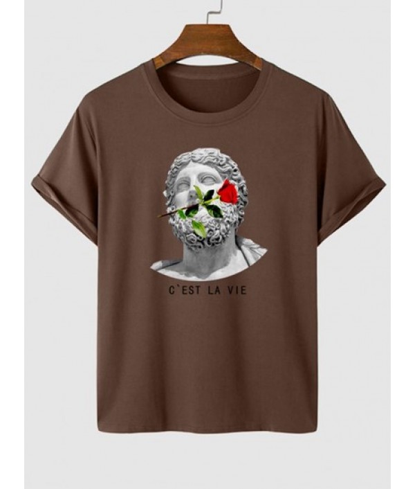 Men's Casual Sculpture Floral Rose Graphic Printed Short Sleeve T-shirt And Half And Half Two Tone C'EST LA VIE PARIS Embroidery Pocket Shorts Set Men's Casual Sculpture Floral Rose Graphic Printed Short Sleeve T-shirt And Half And Half Two Tone C'EST LA VIE PARIS Embroidery Pocket Shorts Set