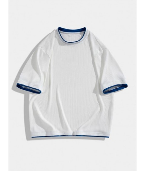 Color Spliced Iced Silk Textured Short Sleeves T-shirt And Shorts Set Color Spliced Iced Silk Textured Short Sleeves T-shirt And Shorts Set