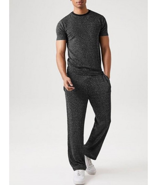 Men's Glitter Silver Metallic Yarn Textured Ribbed Short Sleeves T Shirt With Drawstring Straight Leg Pants Two Piece Set Men's Glitter Silver Metallic Yarn Textured Ribbed Short Sleeves T Shirt With Drawstring Straight Leg Pants Two Piece Set