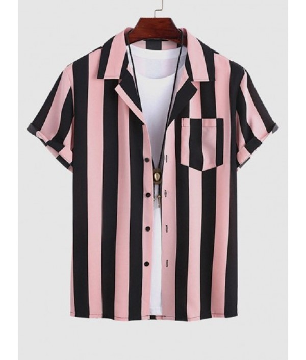 Men's Lapel Collar Short Sleeves Vertical Striped Colorblock Shirt With Basic Drawstring Shorts Set Men's Lapel Collar Short Sleeves Vertical Striped Colorblock Shirt With Basic Drawstring Shorts Set