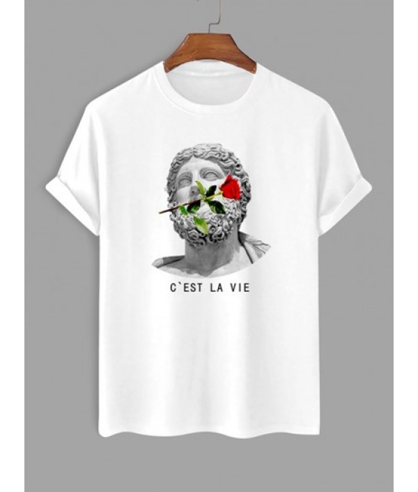 2Pcs Sculpture Floral Rose Printed T-shirt And C'EST LA VIE Drawstring Shorts Set 2Pcs Sculpture Floral Rose Printed T-shirt And C'EST LA VIE Drawstring Shorts Set