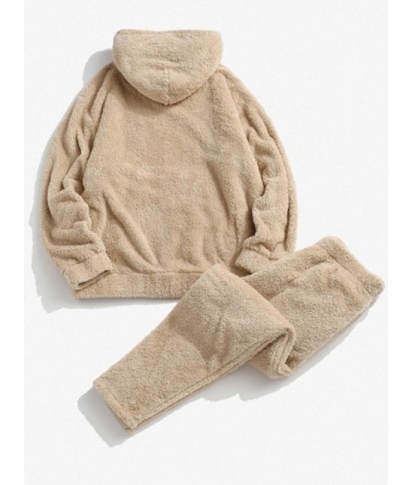 Solid Front Pocket Fluffy Fleece Hoodie And Pants Two Piece Set