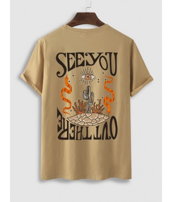 Men's Letter Cactus Graphic Pattern Short Sleeves T-shirt And Vintage Sun And Eye Print Sweat Shorts Set Men's Letter Cactus Graphic Pattern Short Sleeves T-shirt And Vintage Sun And Eye Print Sweat Shorts Set