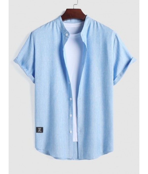 Stand Collar Applique Decor Heathered Basic Shirt With Drawstring Shorts Set Stand Collar Applique Decor Heathered Basic Shirt With Drawstring Shorts Set