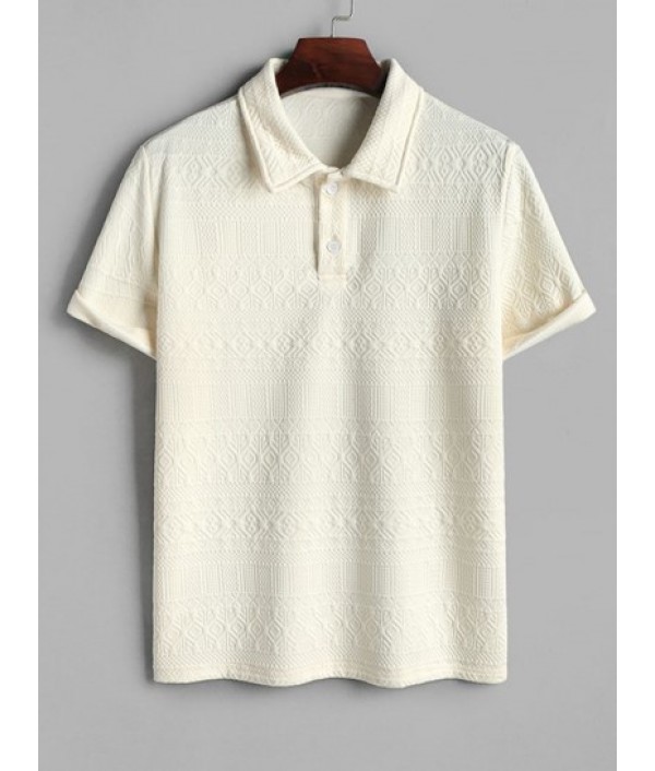 Geometric Retro Jacquard Textured Quarter Button Short Sleeves Polo Collared T Shirt And Shorts Set Geometric Retro Jacquard Textured Quarter Button Short Sleeves Polo Collared T Shirt And Shorts Set