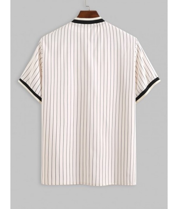 Men's Vertical Stripes LOS ANGELES Letter Coconut Tree Pattern Short Sleeves Button Front Baseball Shirt And Drawstring Board Shorts Vacation Hawaiian Beach Set