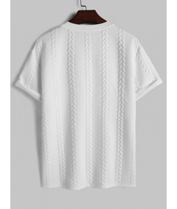 Men's Patched Design Bubble Twisted Striped Jacquard Crew Neck Short Sleeves T-shirt And Drawstring Sports Casual Shorts Set