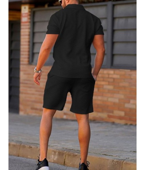 Geometric Jacquard Textured Polo Collar T-shirt And Shorts Sports Set