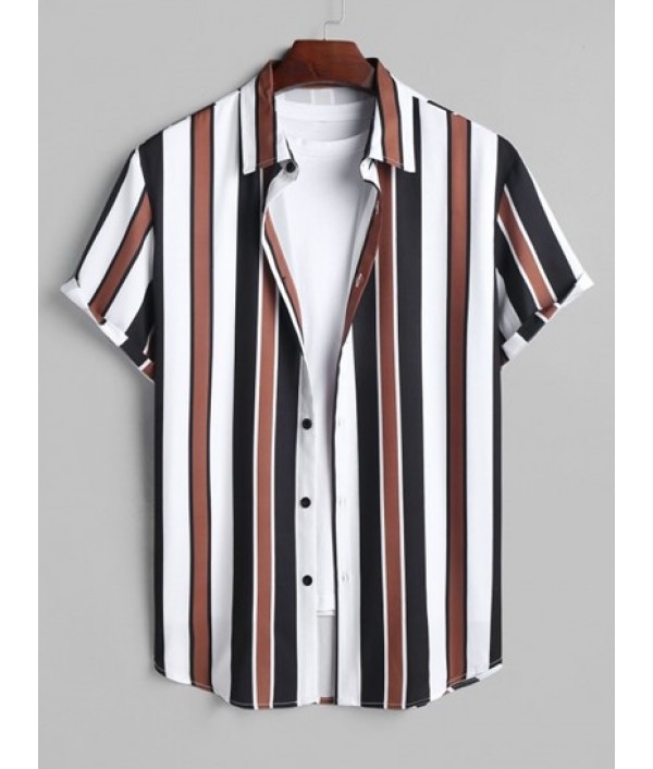 Men's Daily Casual Mix And Match Two Piece Set Vertical Stripes Button Up Short Sleeve Shirt With Drawstring Bermuda Shorts Set