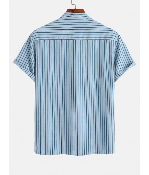 Men's Mix And Match Two Piece Set Stand Collar Vertical Striped Half Buttons Short Sleeves Pullover Shirt With Solid Color Basic Shorts Set